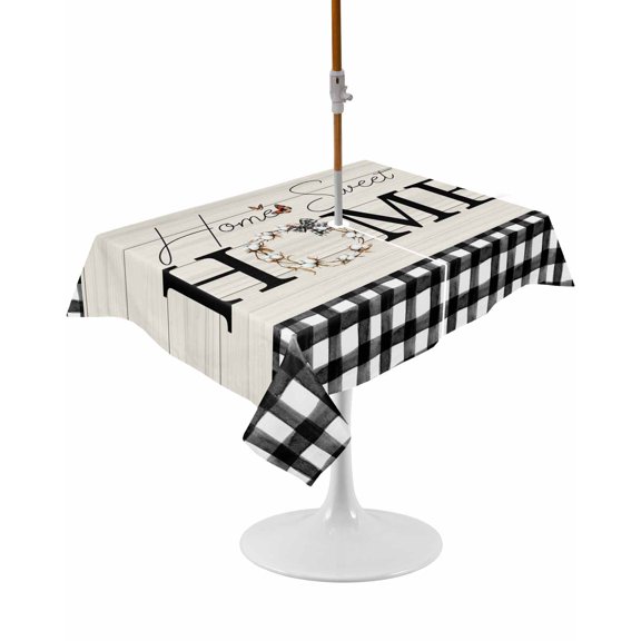 Outdoor Table Cloth with Umbrella Hole and Zipper,Farmhouse Home Waterproof Rectangle Tablecloth 60"x102",Black Plaid Vintage Wood Grain Butterfly Washable Table Cover for Outside Party Patio Picnic