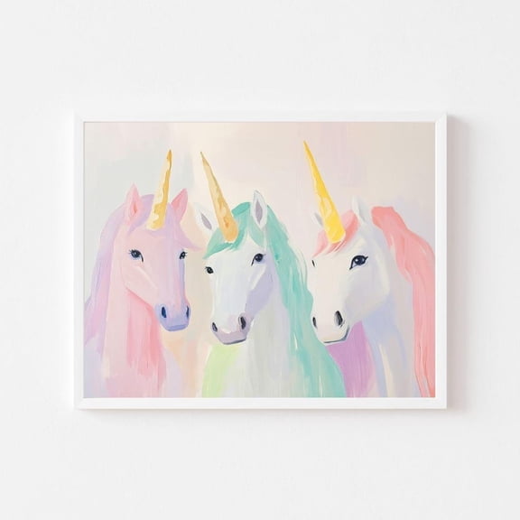 Poster Three Pastel Unicorns Portrait, Magical Girl'S Room Painting, Pink Whimsical Wall Art Print, Rainbow Horses Print, UNFRAMED