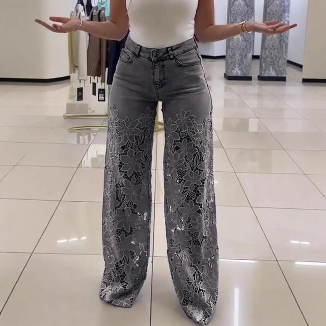WILLBEST Jeans Mujer Pantalones Vaqueros Ajustados de Cintura Alta para Mujer, Con Ribete de Encaje, Informales, Cómodos, Con Diseño Calado, Corte Entallado a La Moda Chica