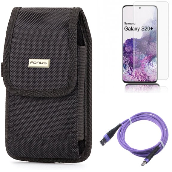 10ft USB Cable w Case Belt Clip w Screen Protector for Samsung Galaxy S20 Plus - Purple Type-C Charger Cord, Rugged Holster Canvas, Tempered Glass [Fingerprint Unlock] 3D Curved fits Galaxy S20 Plus