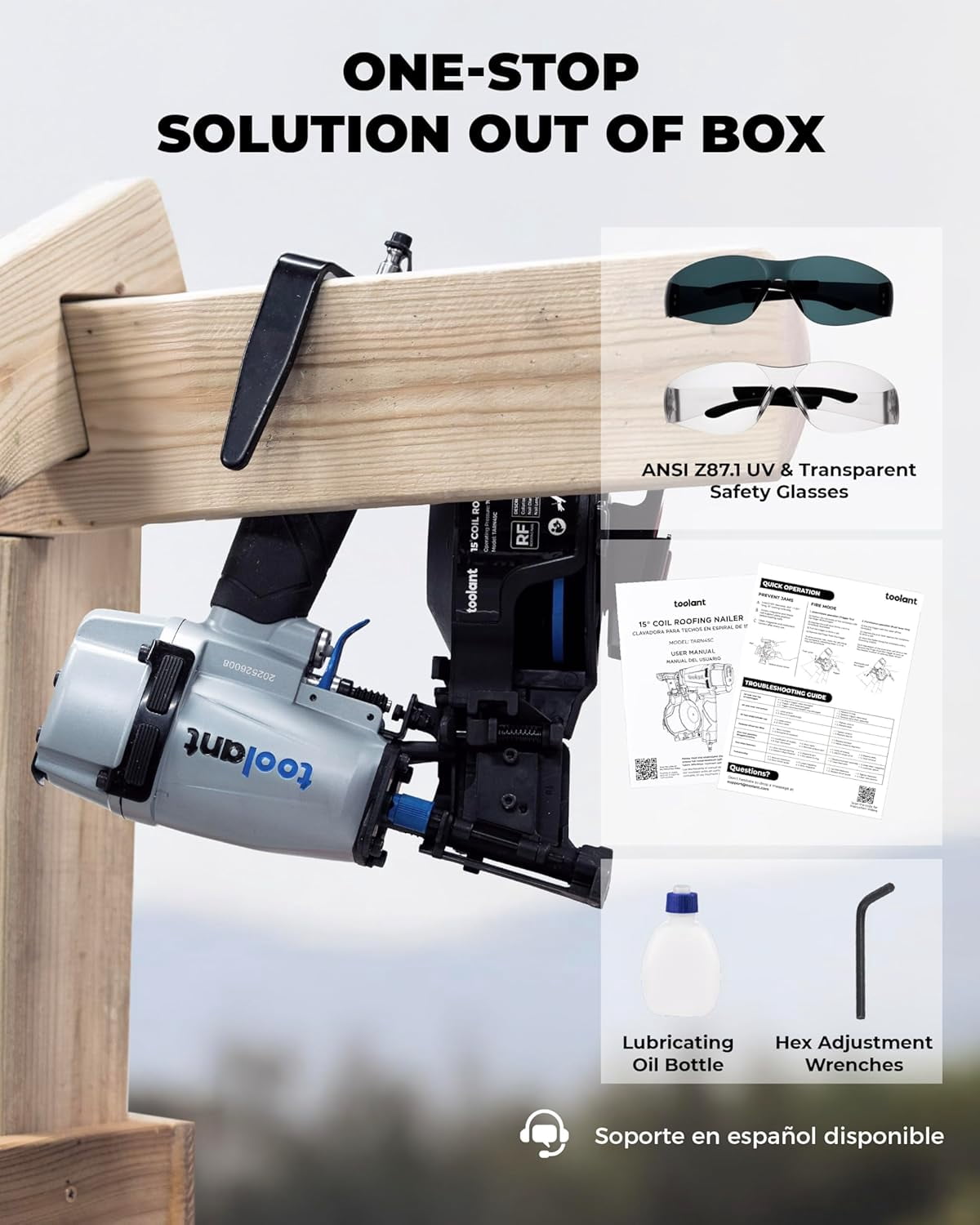 toolant Roofing Nailer, Pneumatic Roofing Nail Gun for 3/4" to 1-3/4" Nails, 120 Coil Capacity, 70-120 PSI, 15 Degree, Heavy Duty Roofing Tool for Asphalt Roofing Shingles, Fencing, and Wood Siding