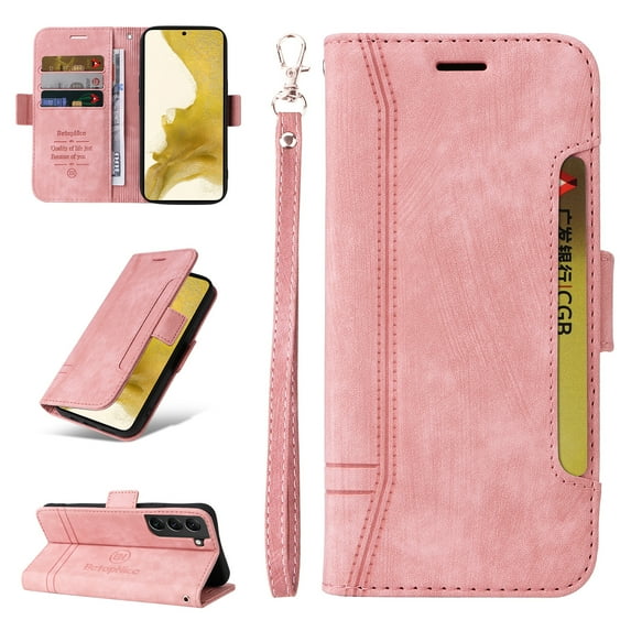 Allytech Case for Samsung Galaxy S22 5G 6.1 inch,PU Leather Wallet Cover with ID Credit Card Slots,Magnetic Buckle Flip Stand Shock Absorption Protective Phone Case + Wrist Strap,Pink