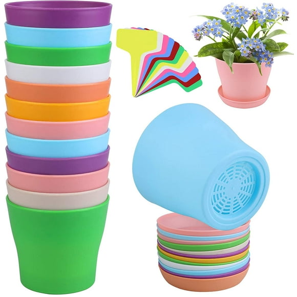 Cribun 4.7 Inch Plastic Planter Pots with Saucer Set of 8, Seeding Nursery Planter Pot with Drainage and Tray for Flowers Herbs African Violets Succulents Orchid Cactus Indoor Outdoor （Random Color)