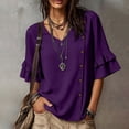 thumbnail image 2 of Ashirexll Short Sleeve Shirts for Women Summer Solid Color V-Neck Three Quarter Pleated Sleeve Button Down Slit Top T-Shirt, 2 of 7