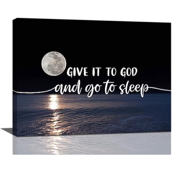 Give It to God and Go to Sleep Sign Canvas Wall Art Quiet Sea Moon Pictures for Bedroom Wall Decor Christian Religious Inspirational Painting Print Artworks Home Decor Framed for Living Room 16"x12"