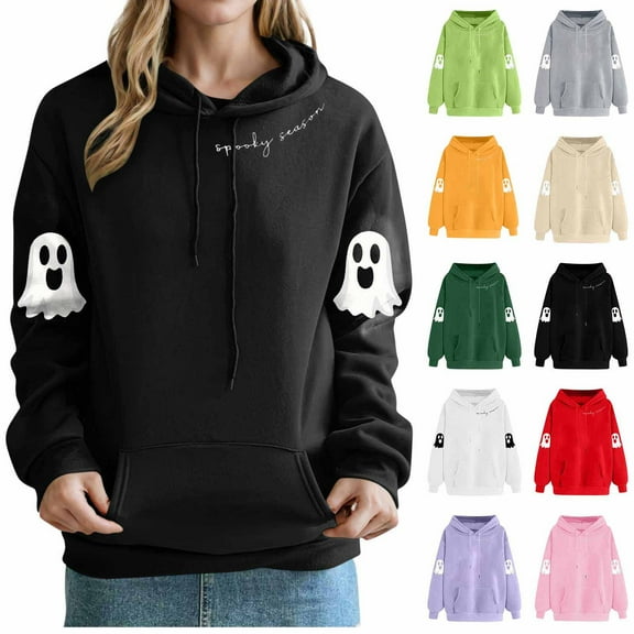 YOIAVAIOY Womens Kangaroo Pocket Hoodie Cute Ghost Letter Print Hooded Sweatshirts Drawstring Long Sleeve Pullover Hoodies Casual Halloween Fall Tops Army Green M