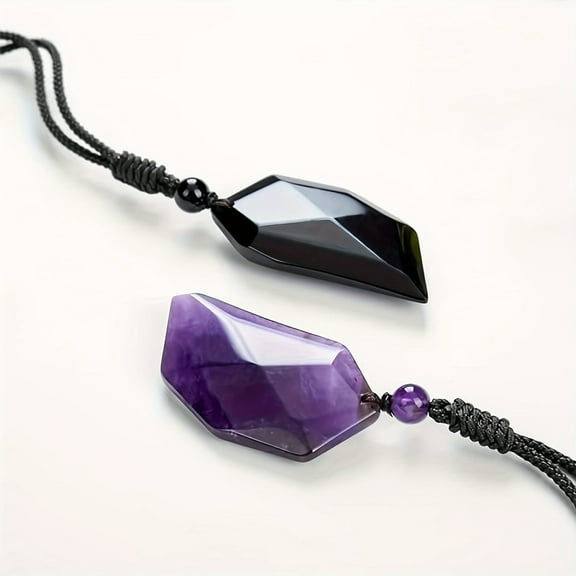 UTHOSMDO Natural Heart Couples Necklace, Amethyst Rose Quartz Crystal Pendant, Adjustable Rope, 2-Piece Set