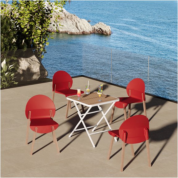 JERFIT 4-Piece Patio Dining Set with Table, Crimson Red Chairs with Wood Legs for Indoor Outdoor Use