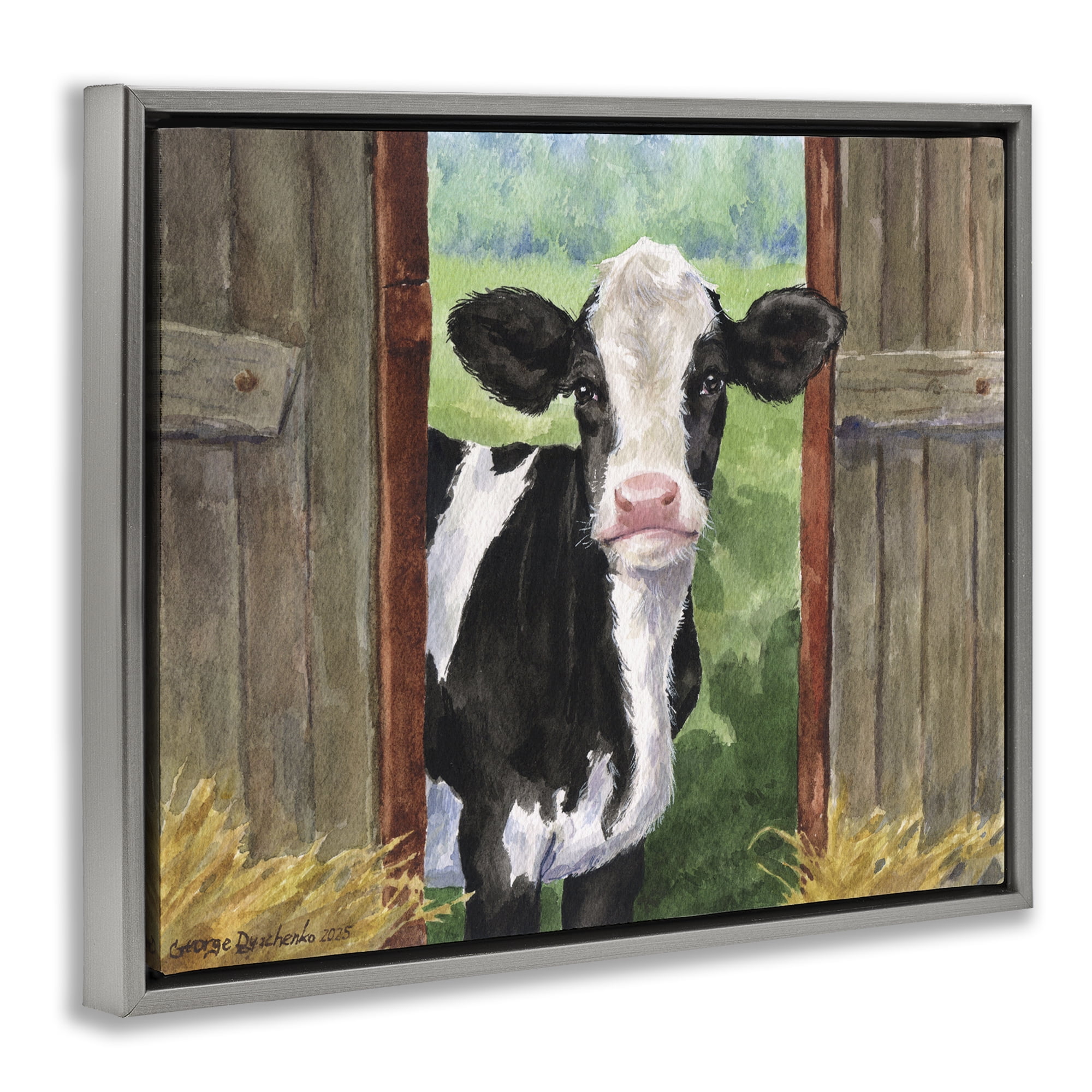 Stupell Industries Cow in Wooden Gate Gray Framed Floater Canvas Wall Art, design by George Dyachenko