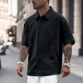 thumbnail image 2 of XDZJLR Mens Shirts Summer Solid Color Short Sleeved Lapel Stand Collar Button Down Leisure Tee, 2 of 5