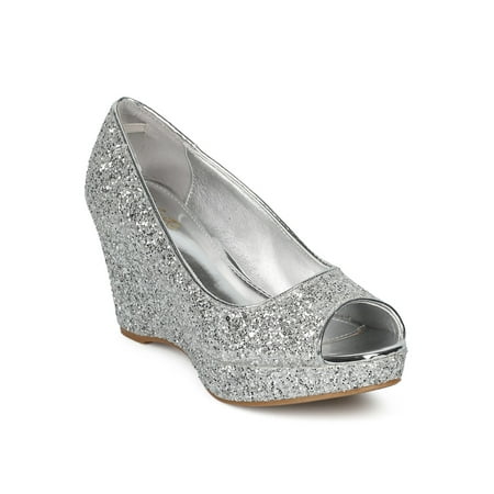 - New Women Celeste Hedy-07 Glitter Encrusted Peep Toe Platform Wedge Heel