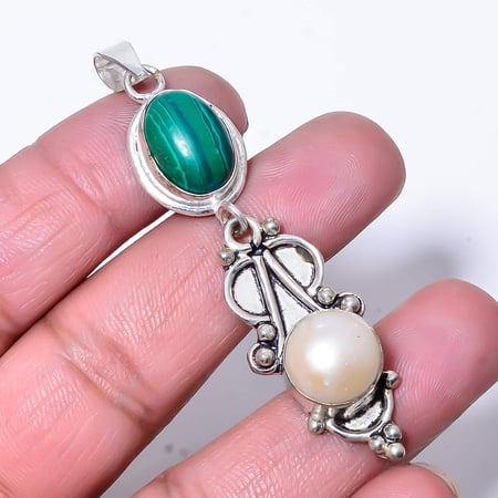 Malachite & Fresh Water Pearl Handmade 925 Sterling Silver Pendant 2.34" P332