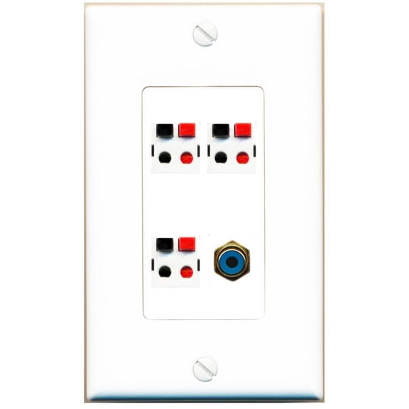 RiteAV 3 Port Speaker Wire Plug Jack Wall Plate with 1 RCA for Subwoofer - 1 Gang Decorative [White]
