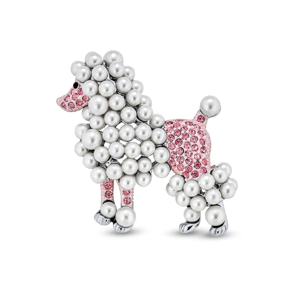 Bling Jewelry Womens Crystal White Pearl Pink Poodle Brooche Pin Rhodium Plated