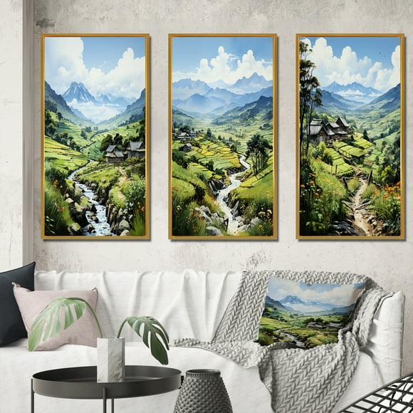 Designart "Lush Highlands of Sapa, Vietnam II" Art Mural Encadré Vietnam Ensemble de 3 - Cadre Rouge Vietnam pour Décoration Intérieure