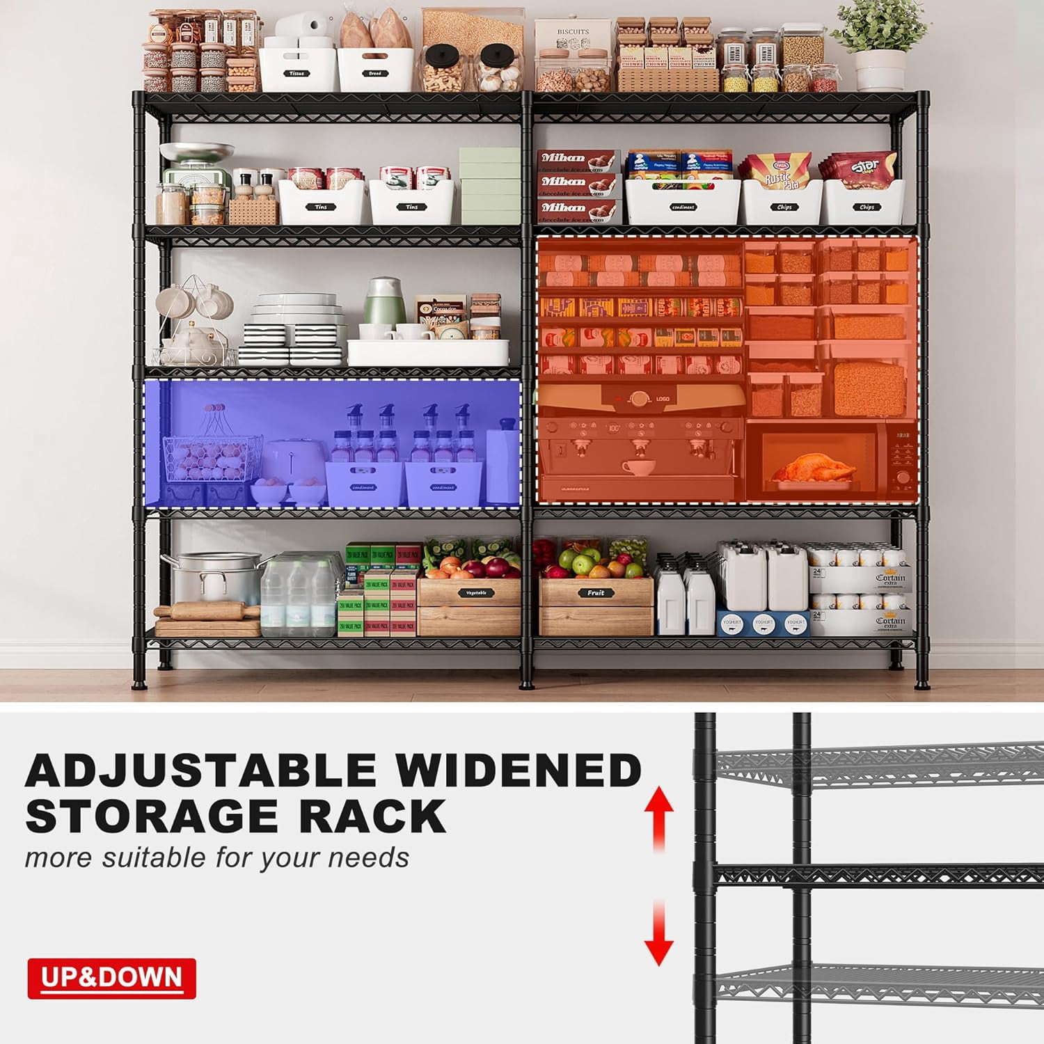 Sailvan 5-Tier Heavy Duty Metal Storage Rack,60"W x 14"D x 72"H Adjustable Wire Shelving Unit,1500 lbs Capacity Garage Pantry Shelves,Black