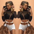 thumbnail image 2 of Fashion Women See through Lace Mesh Sheer Long Sleeve Crop Top T Shirt Blouse Tee, 2 of 4