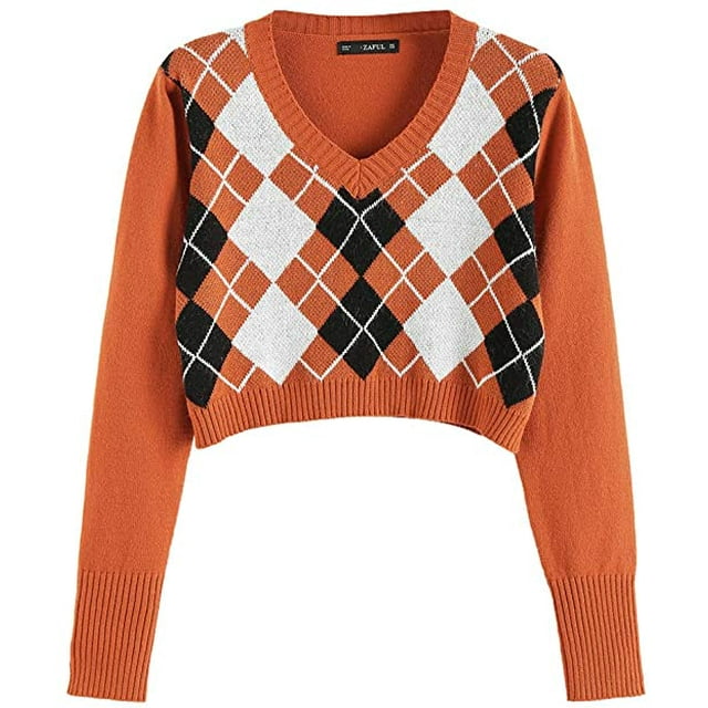 ZECATLWomen's Long Sleeve V-Neck Argyle Knitted Crop Sweater Pullover Tops