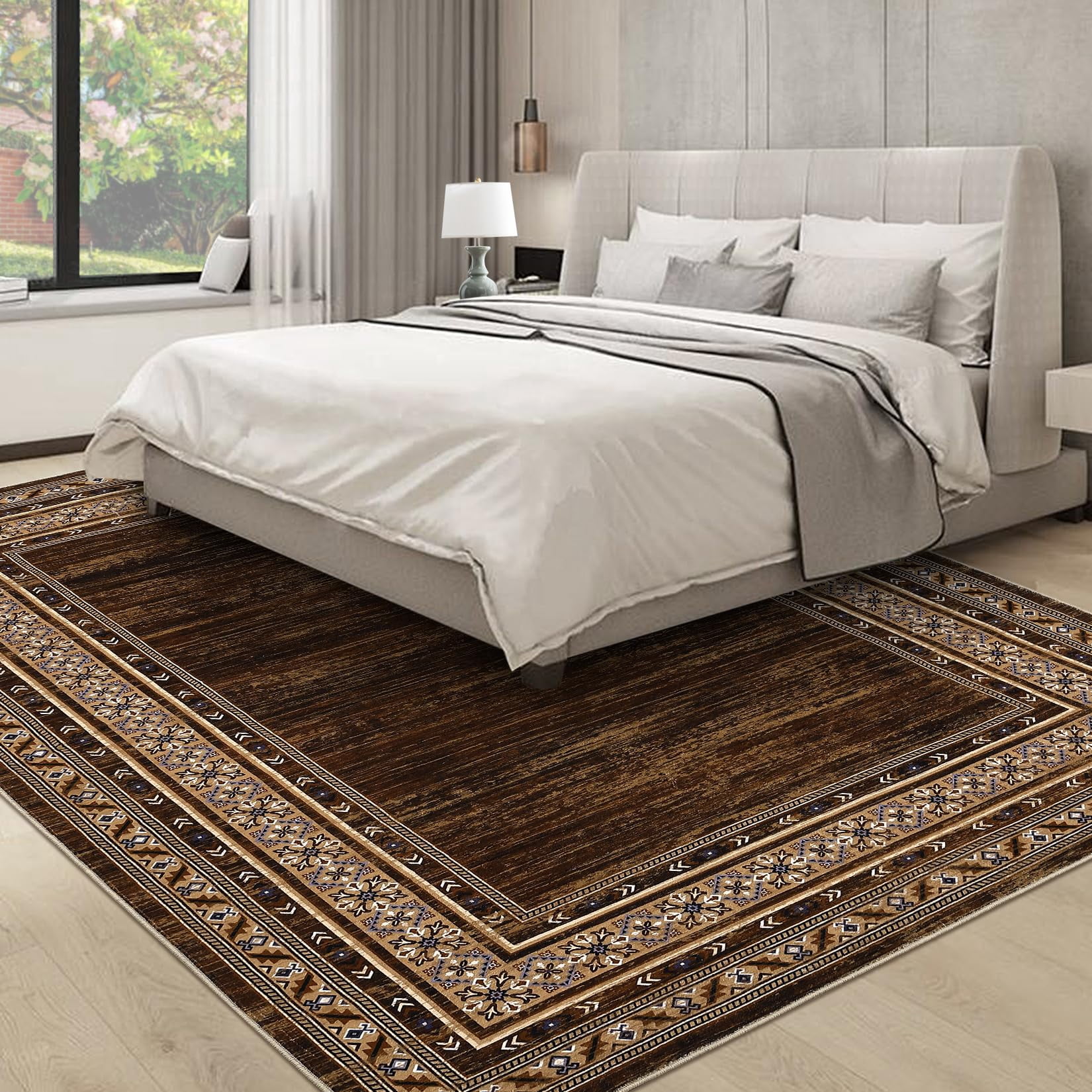 Washable 10x13 Area Rugs for Living Room Bedroom, Soft Large Modern Rugs, Ultra Thin Non Slip Accent Carpet for Dining Room, Low Pile Non Shedding Floor Cover Mat for Nursery Office, Red Brown