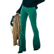 Haite Ladies With Pockets Wide Leg Palazzo Pant Baggy Corduroy Trousers Loungewear Elastic Waisted High Waist Flare Pants Green M