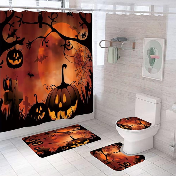 Juego de cortinas de ducha de Halloween con diseño de calabaza y tumba, juego de decoraciones de baño de Halloween genérico de 71 x 71 pulgadas, cortina de ducha con tapetes, tapa de inodoro, b