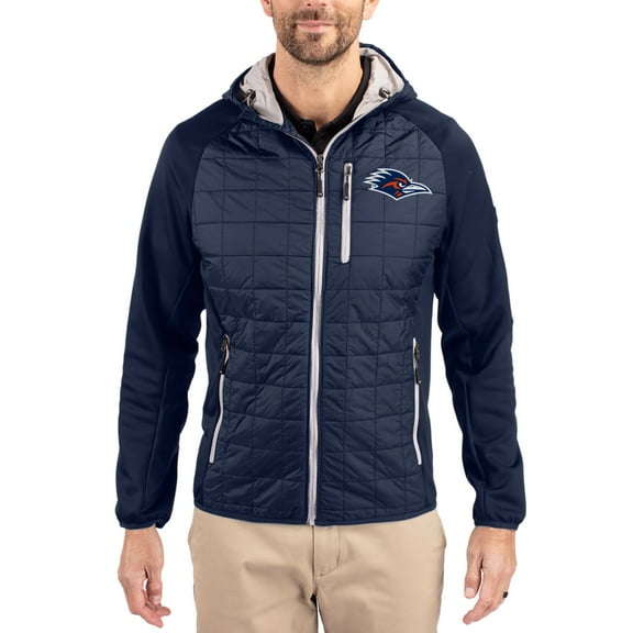 Men's-Cutter & Buck Navy UTSA Roadrunners Rainier Eco Hybrid PrimaLoft Raglan Full-Zip Jacket