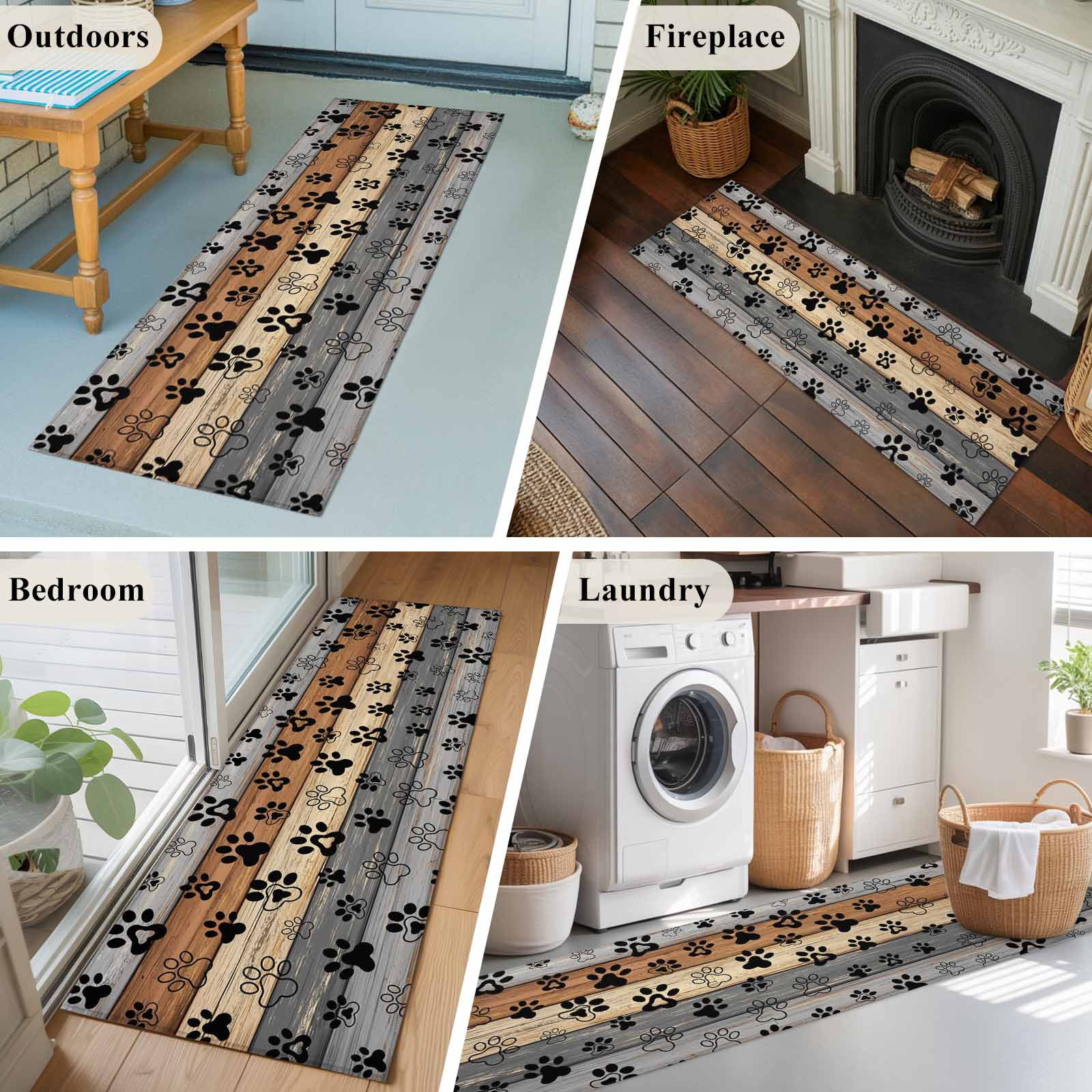 Runner Rug 2 x 6 Ft, Haze Blue Brown Washable Non-Slip Floor Mat for Kitchen Hallway/Entryway, Rustic Farmhouse Dog Paw Vintage Long Kitchen Runner Area Rugs for Living Room, Low-Profile