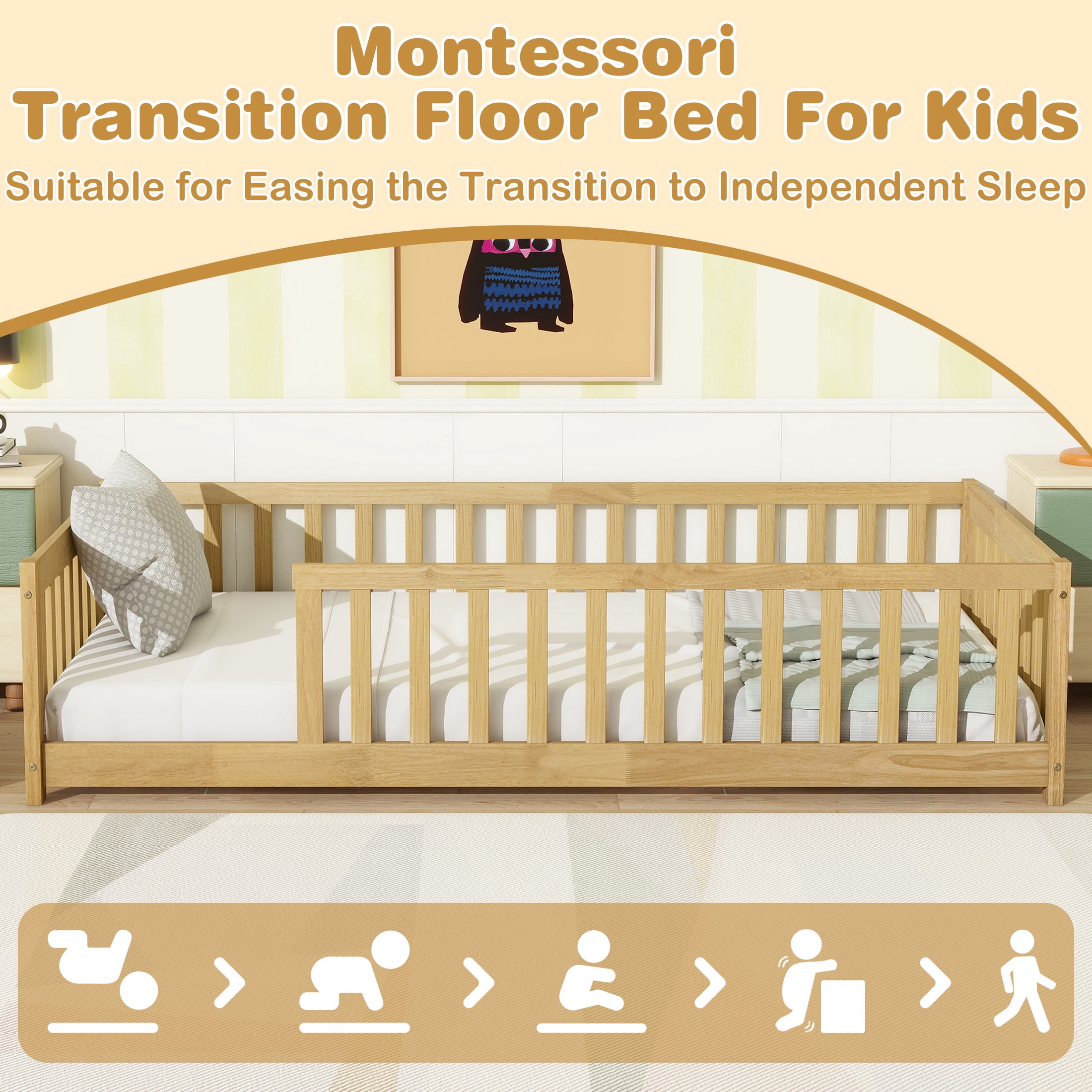 PORKISS Twin Floor Bed with Guardrails, Natural Montessori Floor Bed Frame for Kids, Wood Toddler Bed Frame with Slats, Low Profile Kids Bed, Open Entry, No Box Spring Needed