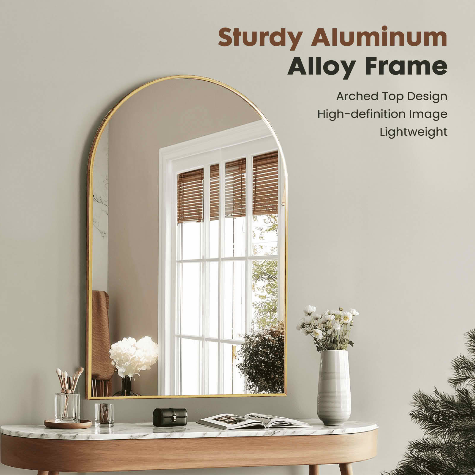 MAYEERTY 24"x36" Arched Bathroom Wall Mirror, Metal Frame, Bedroom Entryway Living Room，Gold