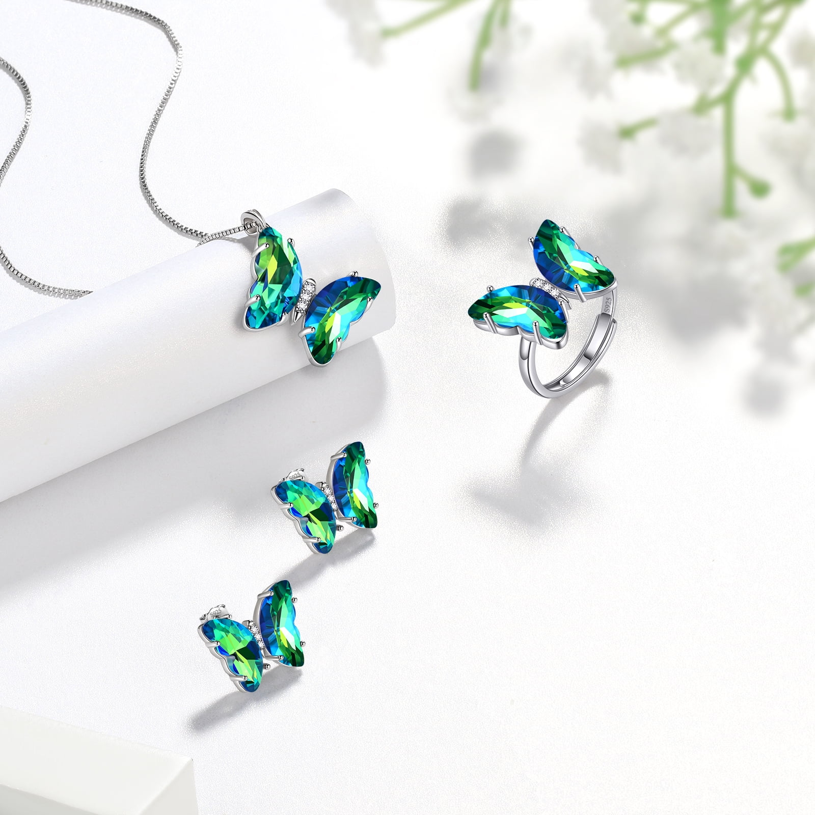 Green Butterfly Jewelry Sets Earrings Necklace Ring, May Birthstone Jewelry Set Emerald Sterling Silver Women Birthday Mother's Day Gifts