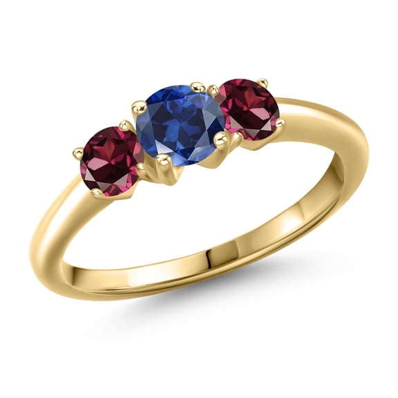 Gem Stone King 10K Yellow Gold Blue Created Sapphire and Red Rhodolite Garnet Engagement Ring for Women | 1.34 Cttw | Round 5MM | Gemstone September Birthstone | Size 5
