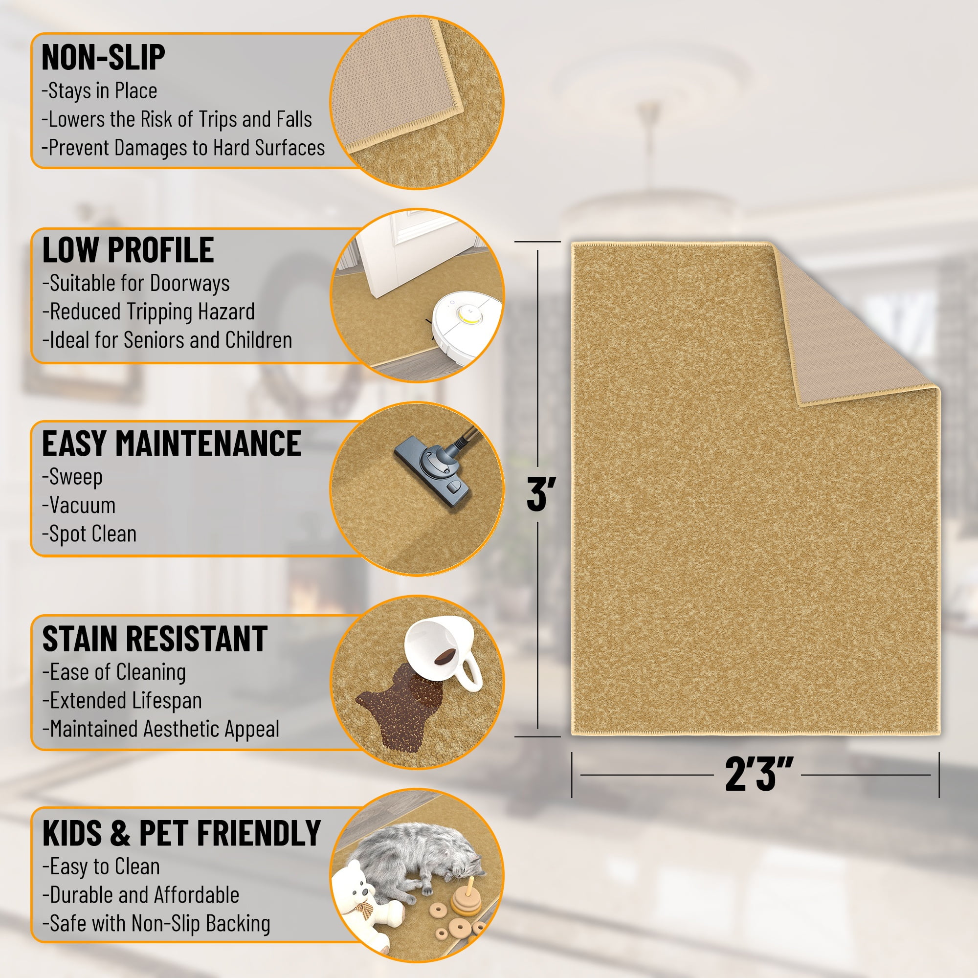 Ottomanson Solid Indoor Doormat 2'3" x 3' - Non Slip Low Pile Area Rug for Entryway, Beige