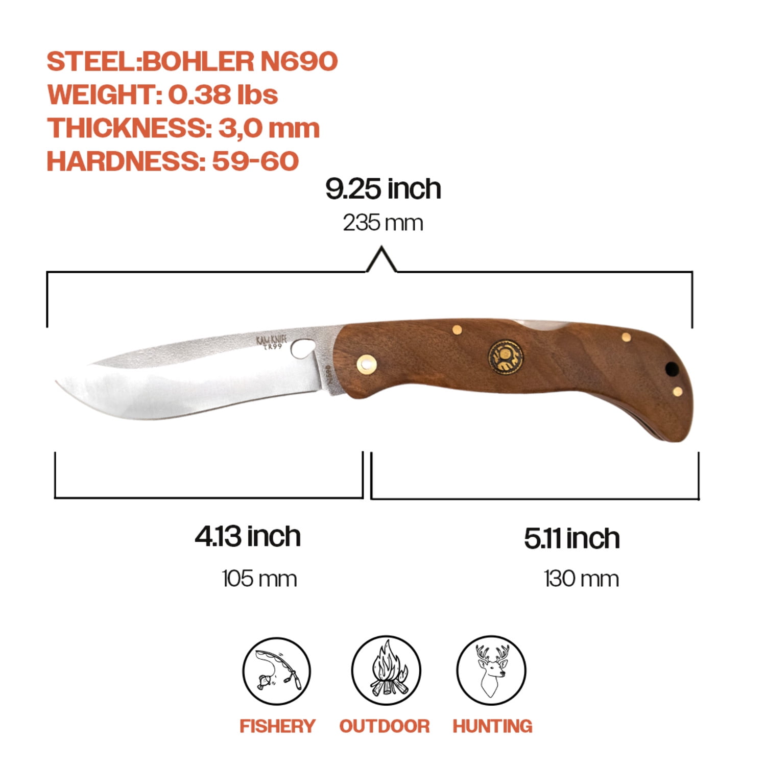 Kam Knife - Folding Knife BÖHLER Stainless Steel N690 with 3.14" Blade EDC Knife; Red Inlay Handle Camping Knife; Small Hunting Knife Perfect for Outdoors and Hiking
