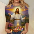 thumbnail image 2 of Easter T-Shirts for Women Bunny Eggs Graphic Tees 3/4 Length Sleeve Womens Tops Round Neck Casual Blouses Spring Outfits, 2 of 5