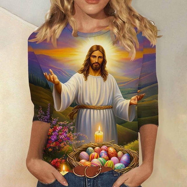 TaTaai Women Fashion Easter Print Crew Neck 3/4 Sleeve Pullover Top Casual T-Shirt Ladies Spring Daily Leisure Wear Lightweight Soft Non-See-Through No Fading Breathable Top Gift