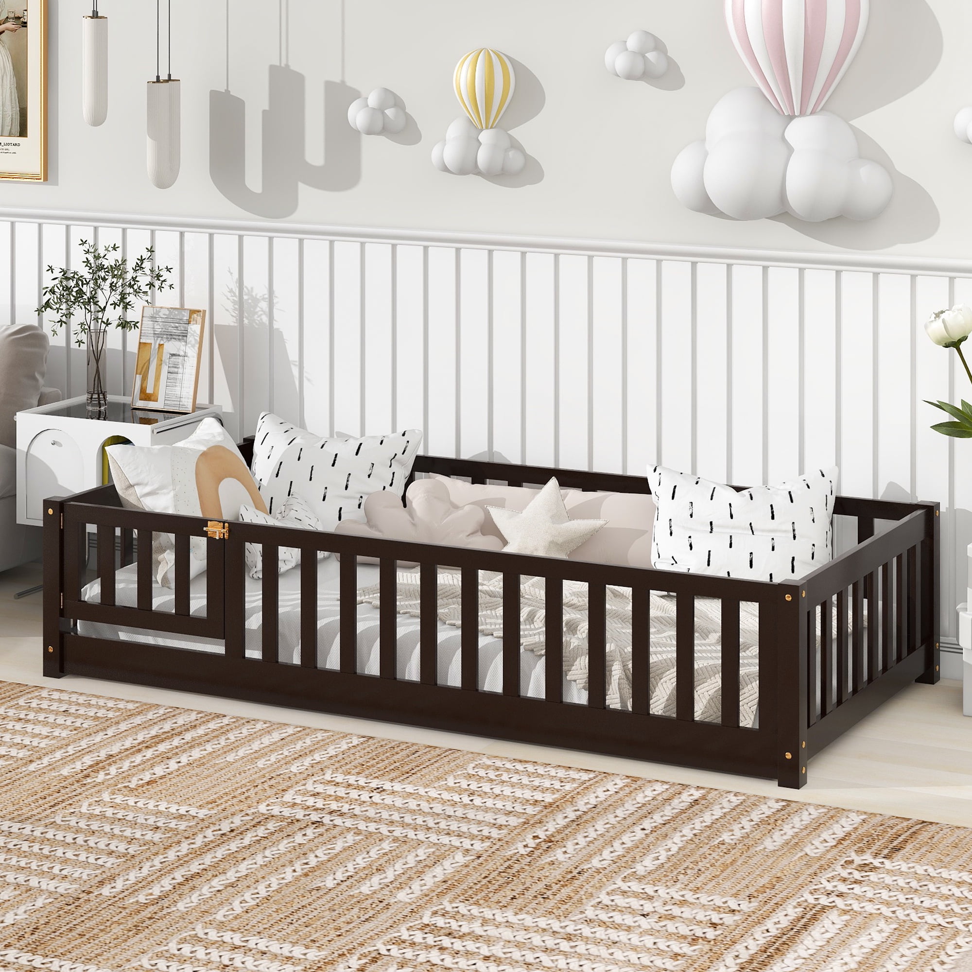 PAPROOS Twin Size Floor Bed, Solid Wood Toddler Bed with Slat, Fence Guardrail and Door, No Box Spri(图2) PAPROOS Twin Size Floor Bed, Solid Wood Toddler Bed with Slat, Fence Guardrail and Door, No Box Spri(图2)