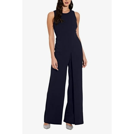 Adrianna Papell Crew Neck Sleeveless Back Zipper Wide Leg Jumpsuit-MIDNIGHT / 4