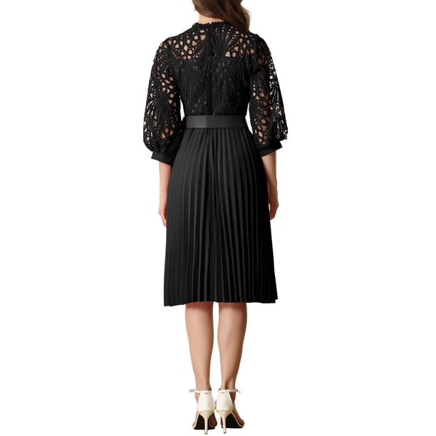 Inspire Chic Women's Dress Floral Lace Sheer Mesh 3/4 Sleeves Belted Panel A-Line Pleated Dresses L Black, Size: Large
