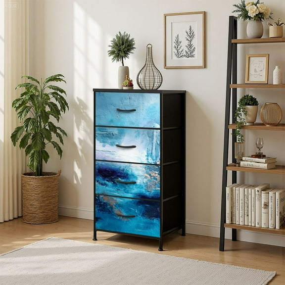 4 Drawer Vertical Storage Dresser Abstract texture Abstract oil canvas Contemporary art Fragment artwork with Wood Top Fabric Pull Drawers