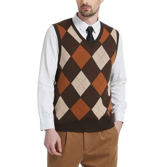 Kallspin Men's Argyle Vest Sweater Wool Blend V-Neck Sleeveless Pullover Sweater(Brown,Large)