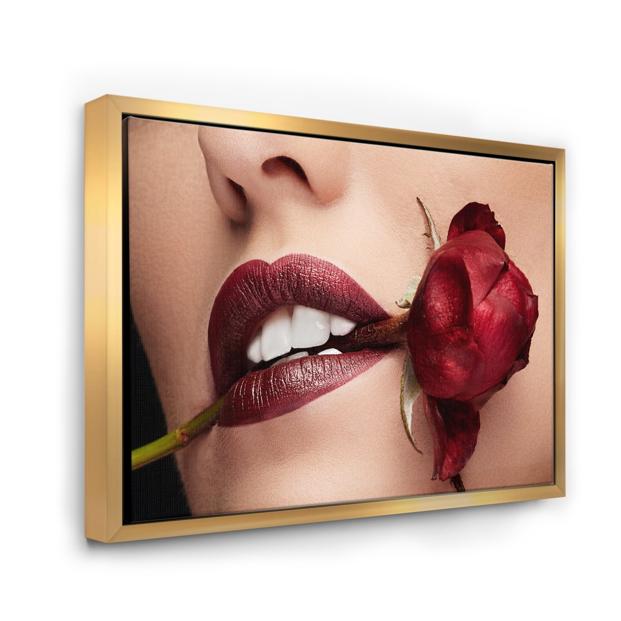 Designart 'Girl With Red Lipstick Holding A Rose In Mouth' Modern Framed Canvas Wall Art Print