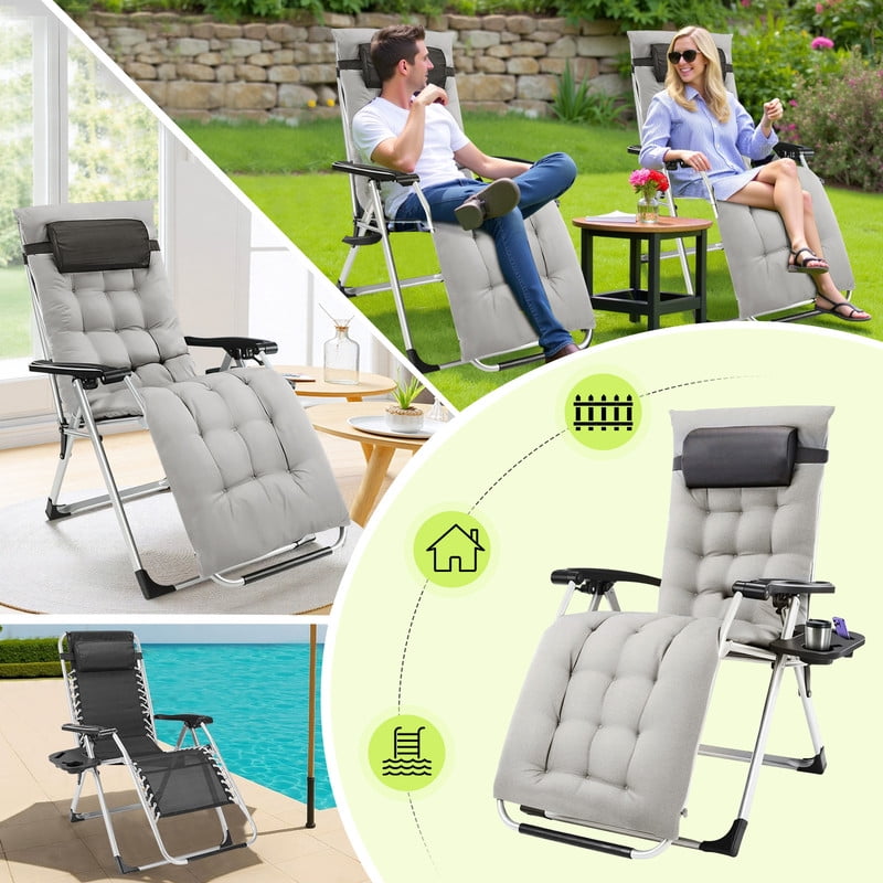 Simenmax Zero Gravity Chair, Heavy-Duty Reclining Lounge Chair with Padded Cushion & Cup Holder, Foldable Patio Recliner for Camping, Beach, and Indoor Relaxation,Gray