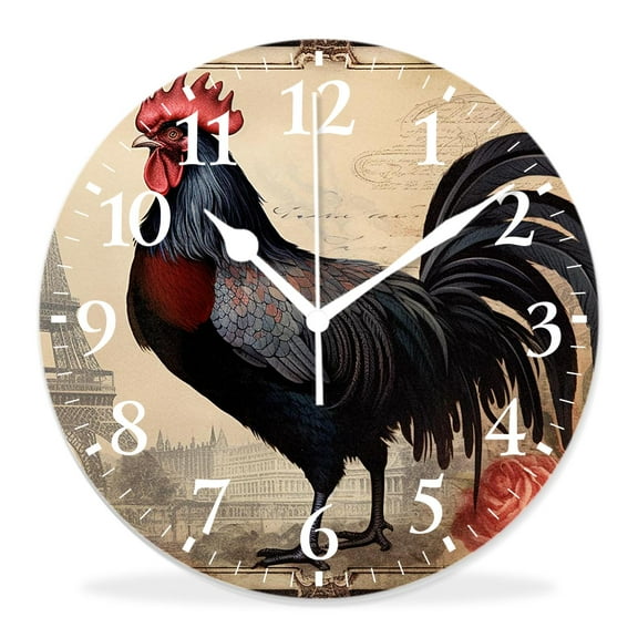 14 Inch Wall Clock Battery Operated Silent Clock Decorative for Office, Kitchen, Outdoor, Living Room，Vintage Rooster Creative Pattern