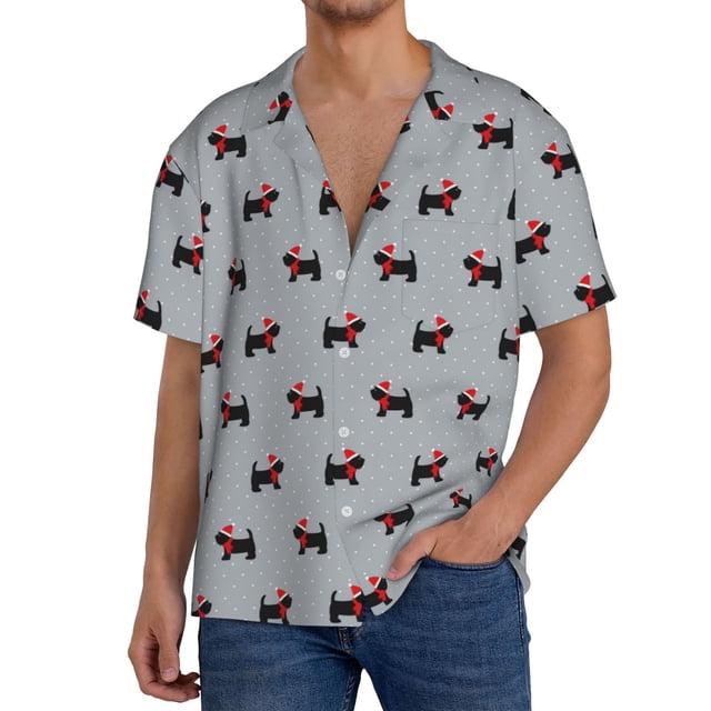 Balery Polka Dot Christmas Dog Camisa Casual de Manga Corta con Botones para Hombre, Texturizada, Estilo Cubano, para Playa, Verano-Small