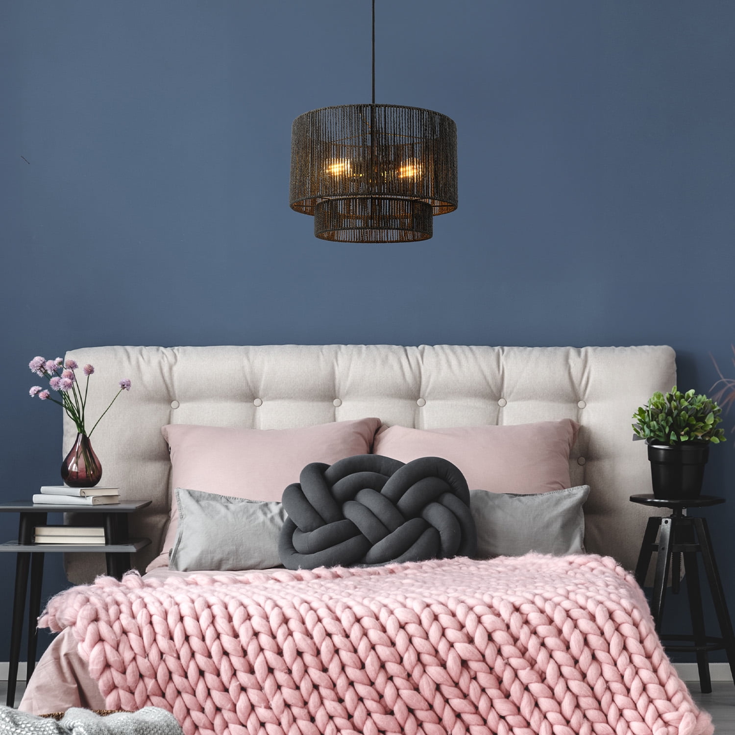 Globe Electric 2-Light Matte Black Pendant Light with Black Paper Twine Shade