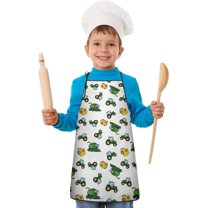 Cartoon Tractors Green White Pattern Kids Aprons for Girls and Boys,Adjustable Neck Strap Toddler Aprons for Kids Cooking Baking