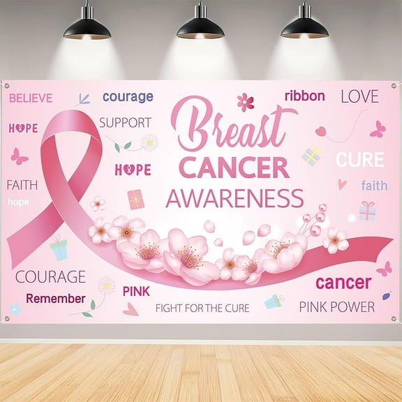 Breast Cancer Awareness Backdrop,Pink Ribbon Banner Decor, Breast Cancer Awareness Decorations Love Hope Faith Strength Charity Activities Background for Party-47x71 inches (Pink 01)