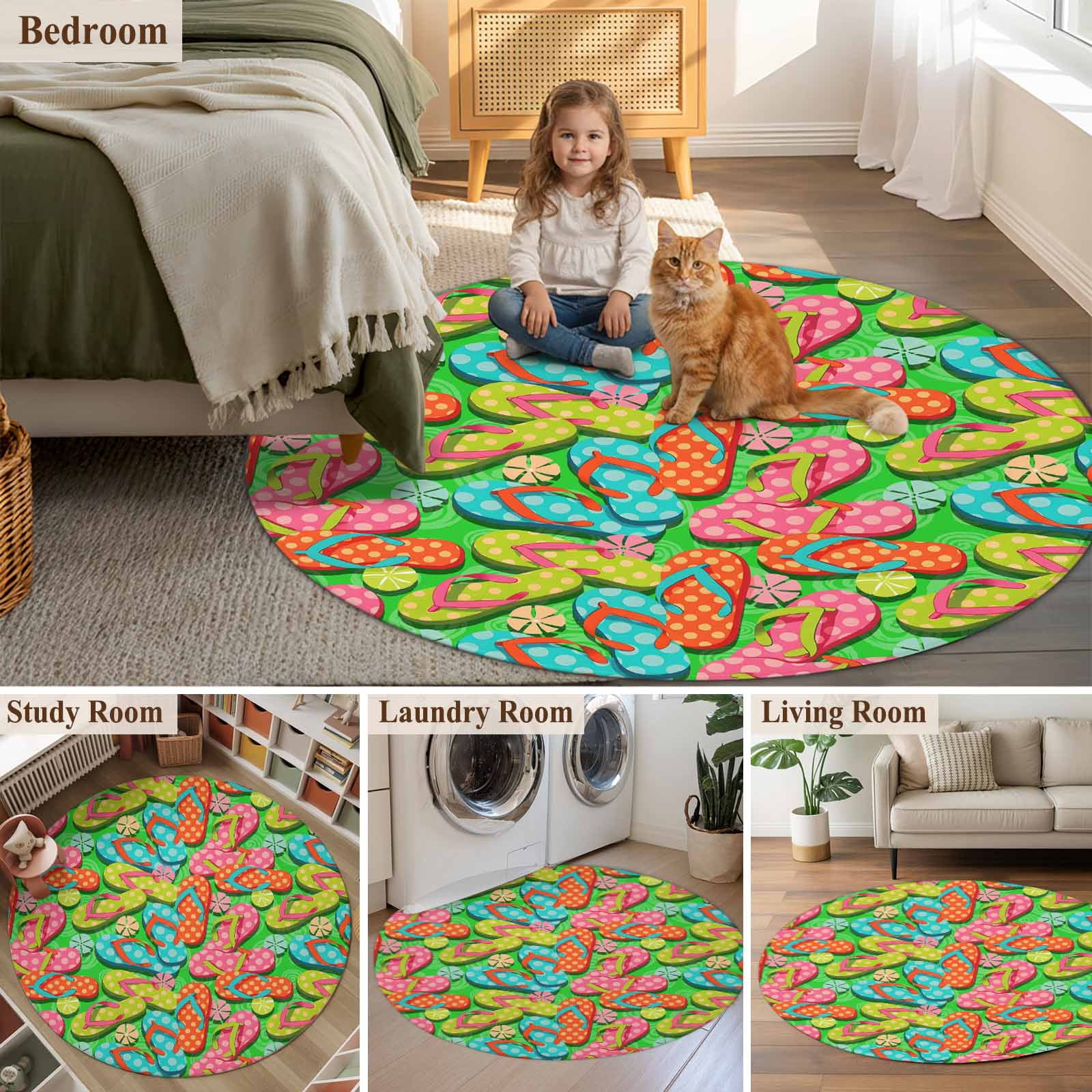 Watercolor Flip Flop Round Area Rug 8Ft Washable Large Circle Rugs for Living Room Dorm, Ocean Beach Slippers Summer Non-Slip Carpet Floor Mats Indoor Outdoor Carpet Runner Aesthetic Home Decor