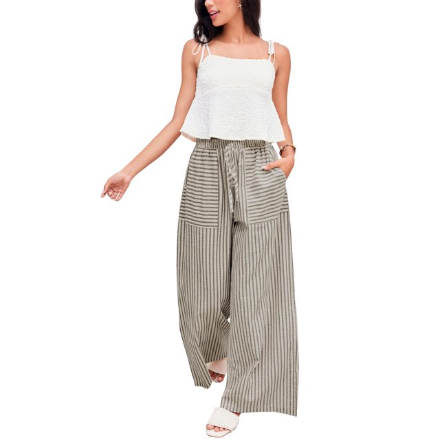 Pantalones anchos Yeokou de algodón a rayas con cordón para mujer