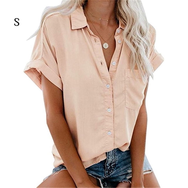 Qarigey Camisa de manga corta con cuello de solapa y botones para mujer Prendas para la parte del cuerpo Rosado S Qarigey AP002111-13